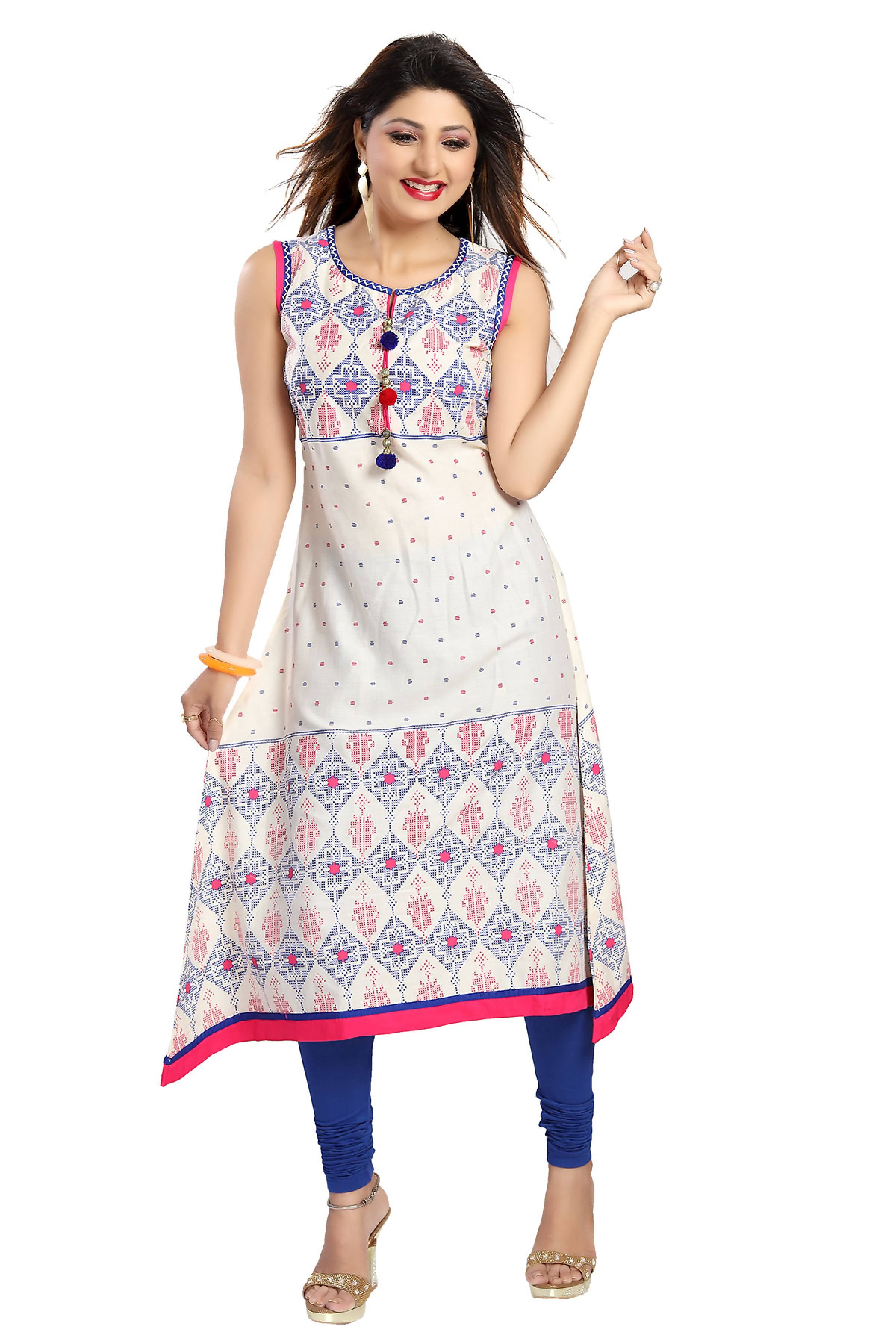 Snehal Creations Print Precious White A-Line Designer Cotton Tunic - Distacart