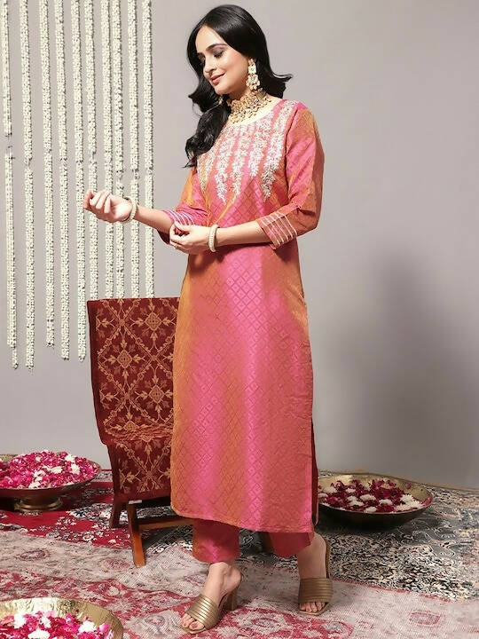 Varanga Thread Work Woven Design Regular Kurta with Trousers & Dupatta - Distacart
