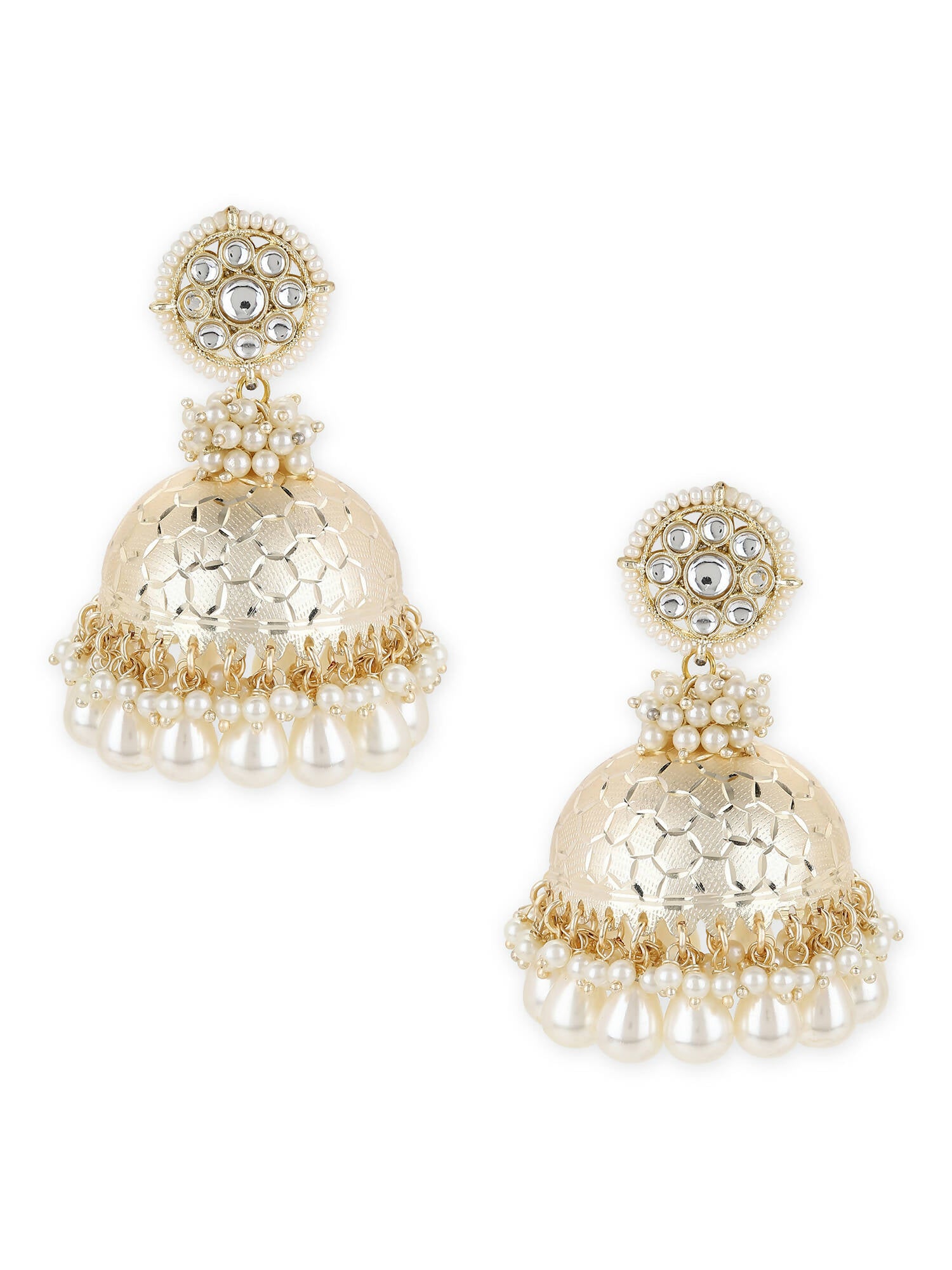 Gold-Toned White Pearl Beaded Contemporary Gold-Plated Jhumkas Earrings - Ruby Raang - Distacart