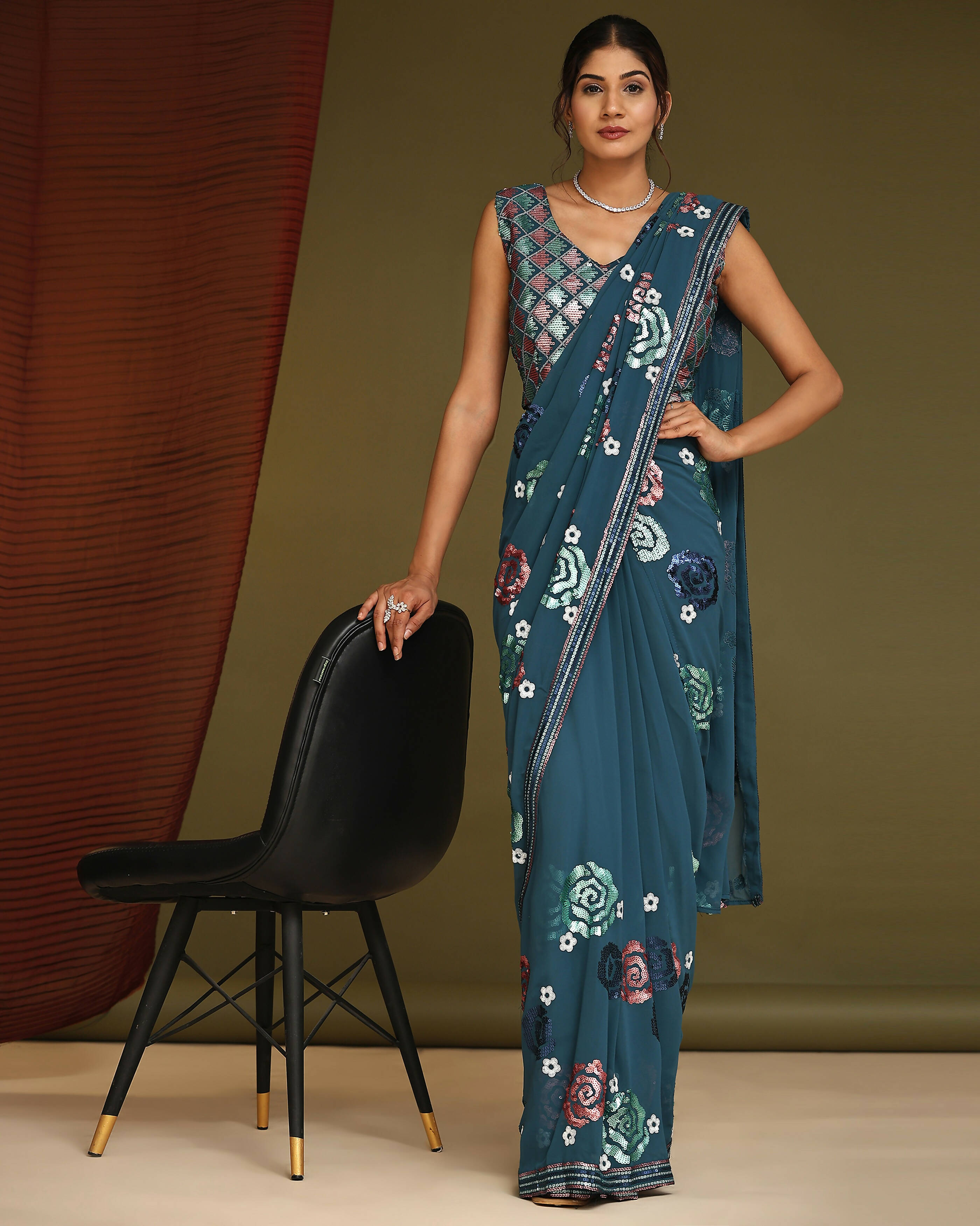 Blue Pure Georgette Sequence work Ready to wear Saree with stitched Blouse - Nirvana - Distacart