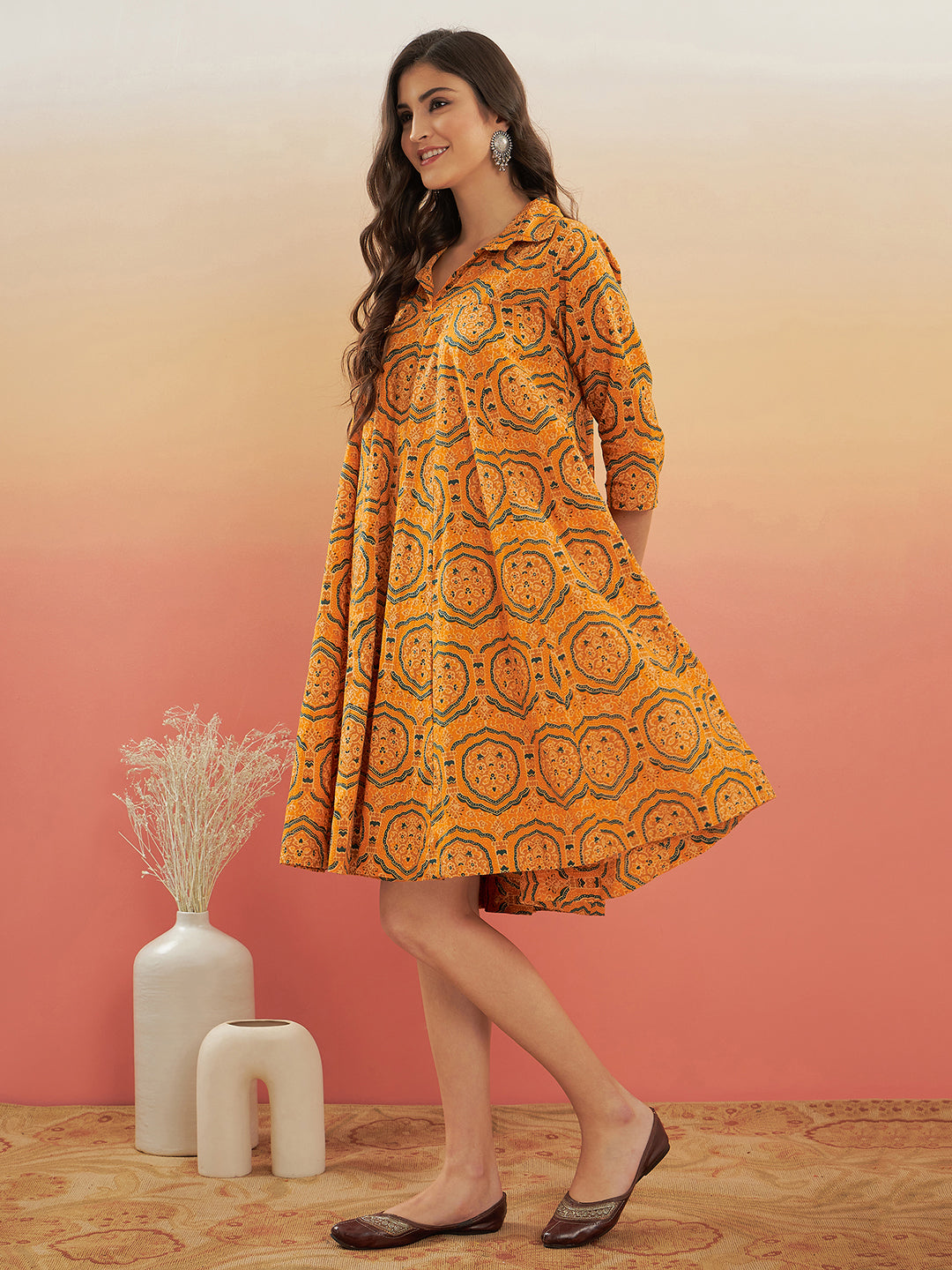 InWeave Women's Haldi Yellow Mughal Kalamkari Flared Dress - Distacart