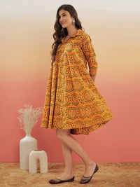 Thumbnail for InWeave Women's Haldi Yellow Mughal Kalamkari Flared Dress - Distacart
