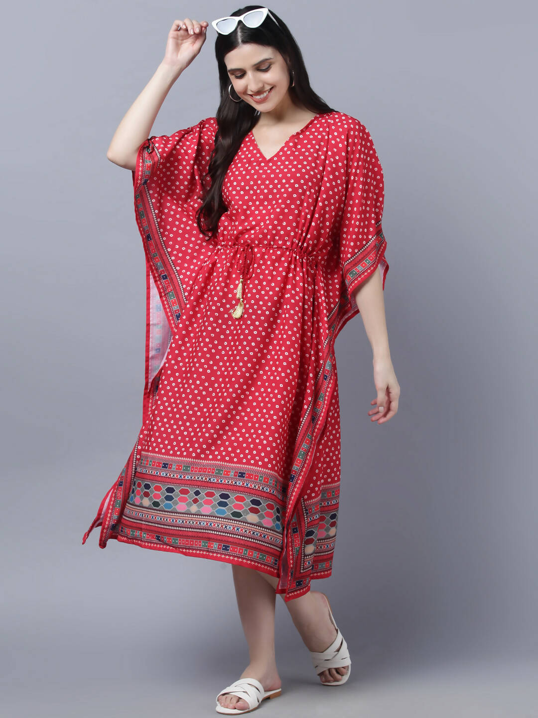 Myshka Women's Red White Ethnic Motifs Printed Kaftan Midi Dress - Distacart