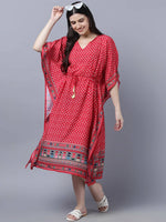 Thumbnail for Myshka Women's Red White Ethnic Motifs Printed Kaftan Midi Dress - Distacart