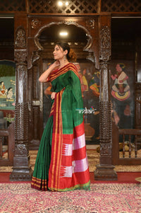 Thumbnail for Very Much Indian Handloom Cotton Viscose Ilkal Saree Bright Green With Red Border - Distacart