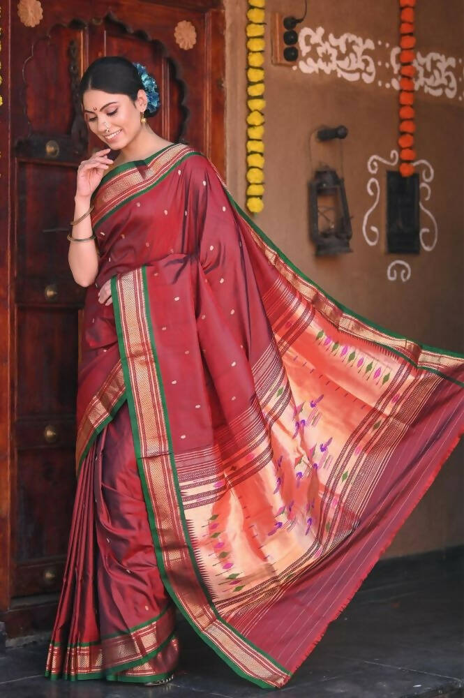 Very Much Indian Raaga Handloom Pure Silk Solid Maroon Paithani With Green Border And Double Pallu - Distacart