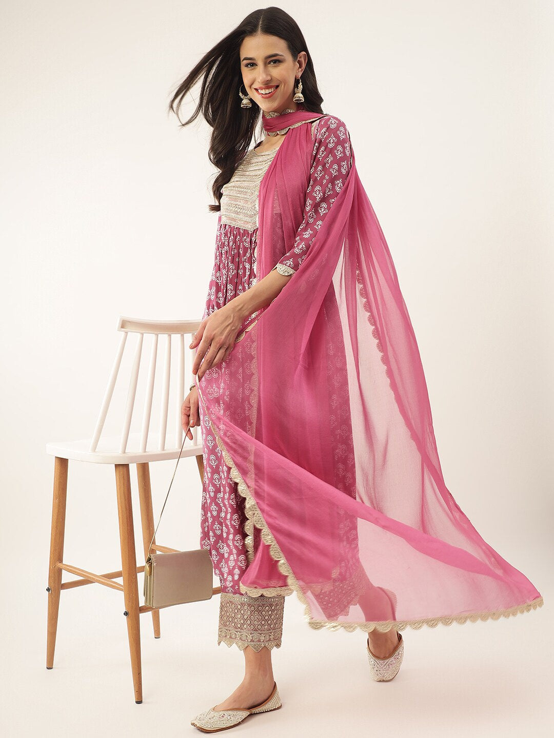 Khushal K Ethnic Motifs Printed Zari Sequined A-Line Kurta with Palazzos & Dupatta - Distacart