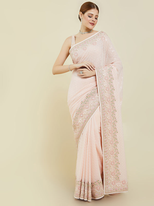 Soch Peach-Coloured & Green Floral Sequinned Pure Georgette Saree - Distacart