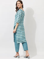 Thumbnail for Kalini Blue Ethnic Motifs Printed Gotta Patti Pure Cotton Kurta with Trousers - Distacart