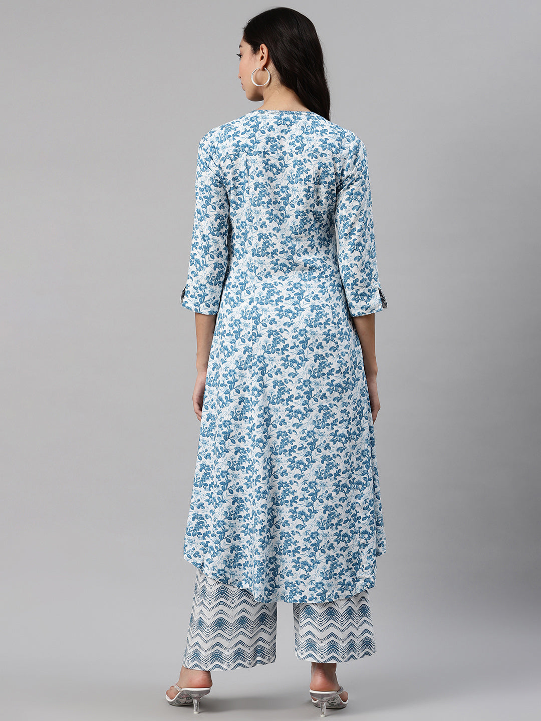 Biba Women White & Blue Printed Kurta with Palazzos - Distacart