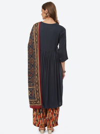 Thumbnail for Biba Women Navy Blue Pleated Thread Work Kurta with Trousers & With Dupatta - Distacart
