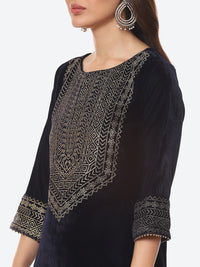 Thumbnail for Biba Women Navy Blue Yoke Design Gotta Patti Velvet Straight Fit Kurta - Distacart