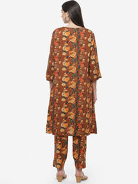 Thumbnail for Biba Women Brown Floral Printed Kurta with Trousers - Distacart