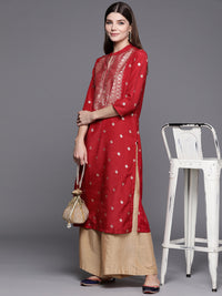 Thumbnail for Biba Women Red & Golden Ethnic Motifs Print Straight Kurta - Distacart