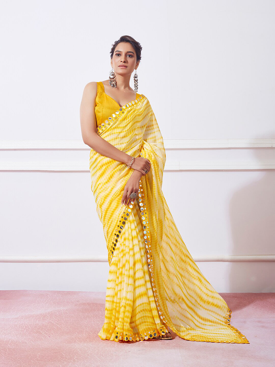 Mitera Yellow Striped Mirror Work Pure Georgette Saree - Distacart