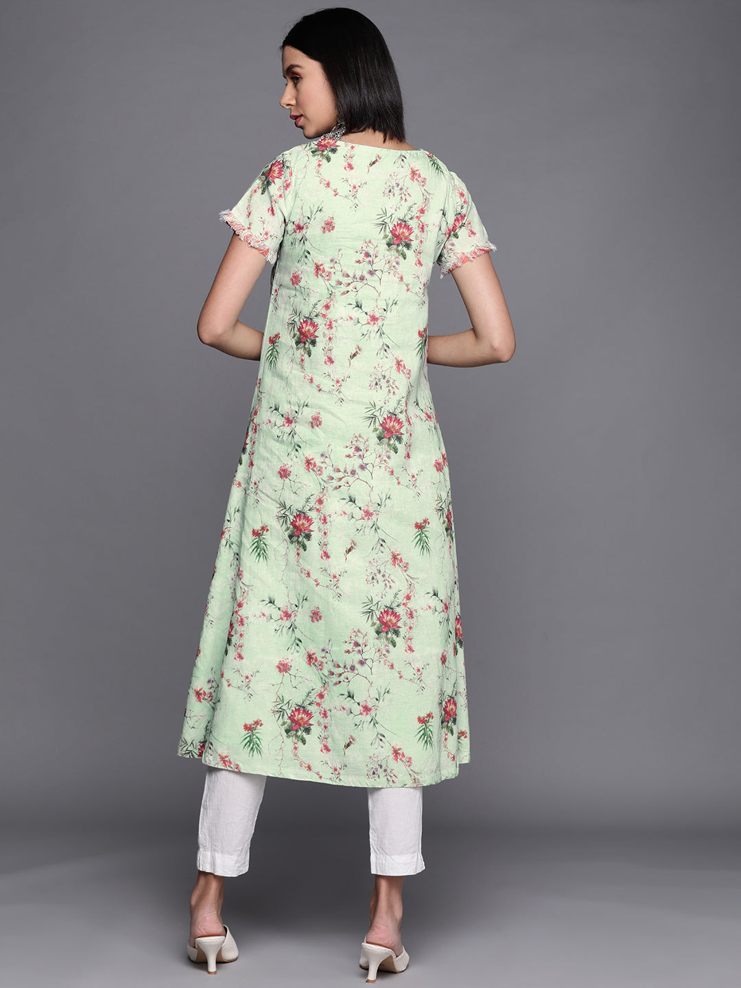 Biba Women Green & Pink Floral Printed Kurta - Distacart