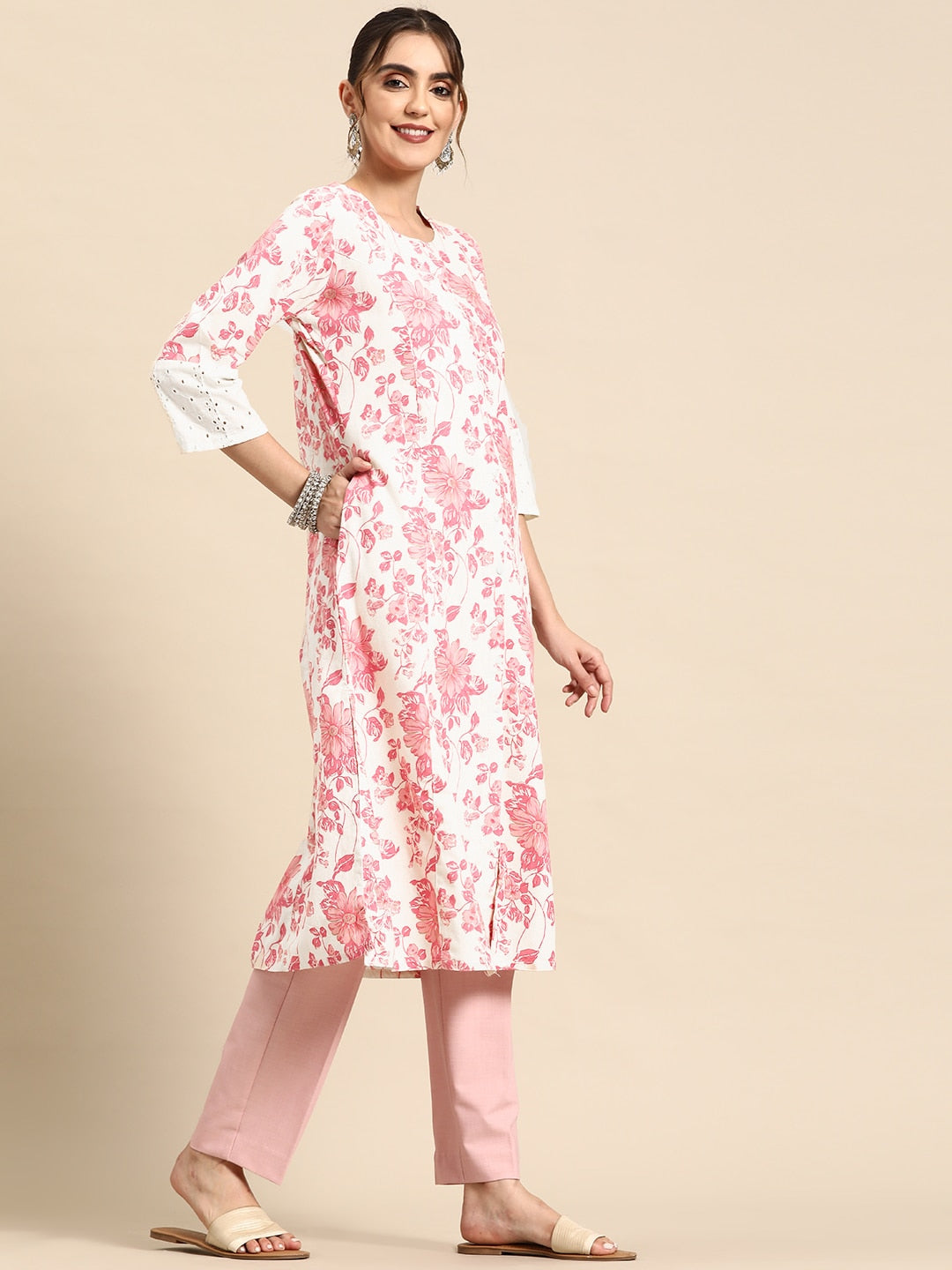 Sangria Floral Printed Cotton Slub Kurta - Distacart