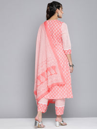 Thumbnail for HERE&NOW Women Pink Floral Printed Pure Cotton Kurta with Palazzos & With Dupatta - Distacart
