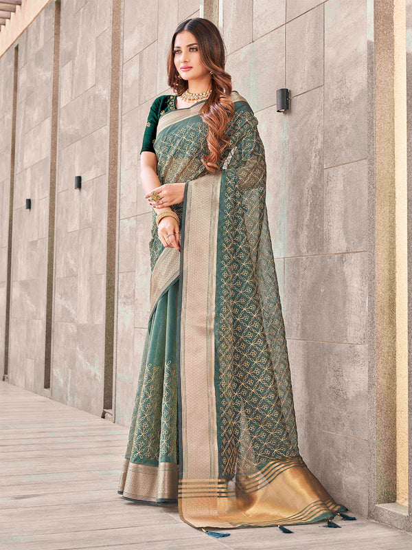 Tikhi Imli Olive Floral Embroidered Zari Organza Saree - Distacart
