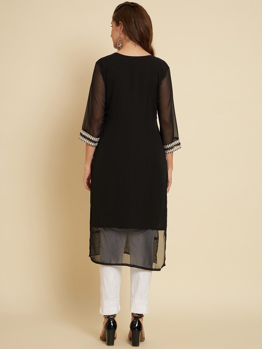 HERE&NOW Black & White Ethnic Motifs Chikankari Embroidered Georgette Kurta - Distacart