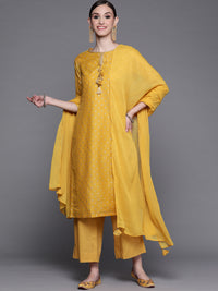 Thumbnail for Biba Women Mustard Yellow & Golden Ethnic Motifs Printed Kurta with Palazzos & Dupatta - Distacart