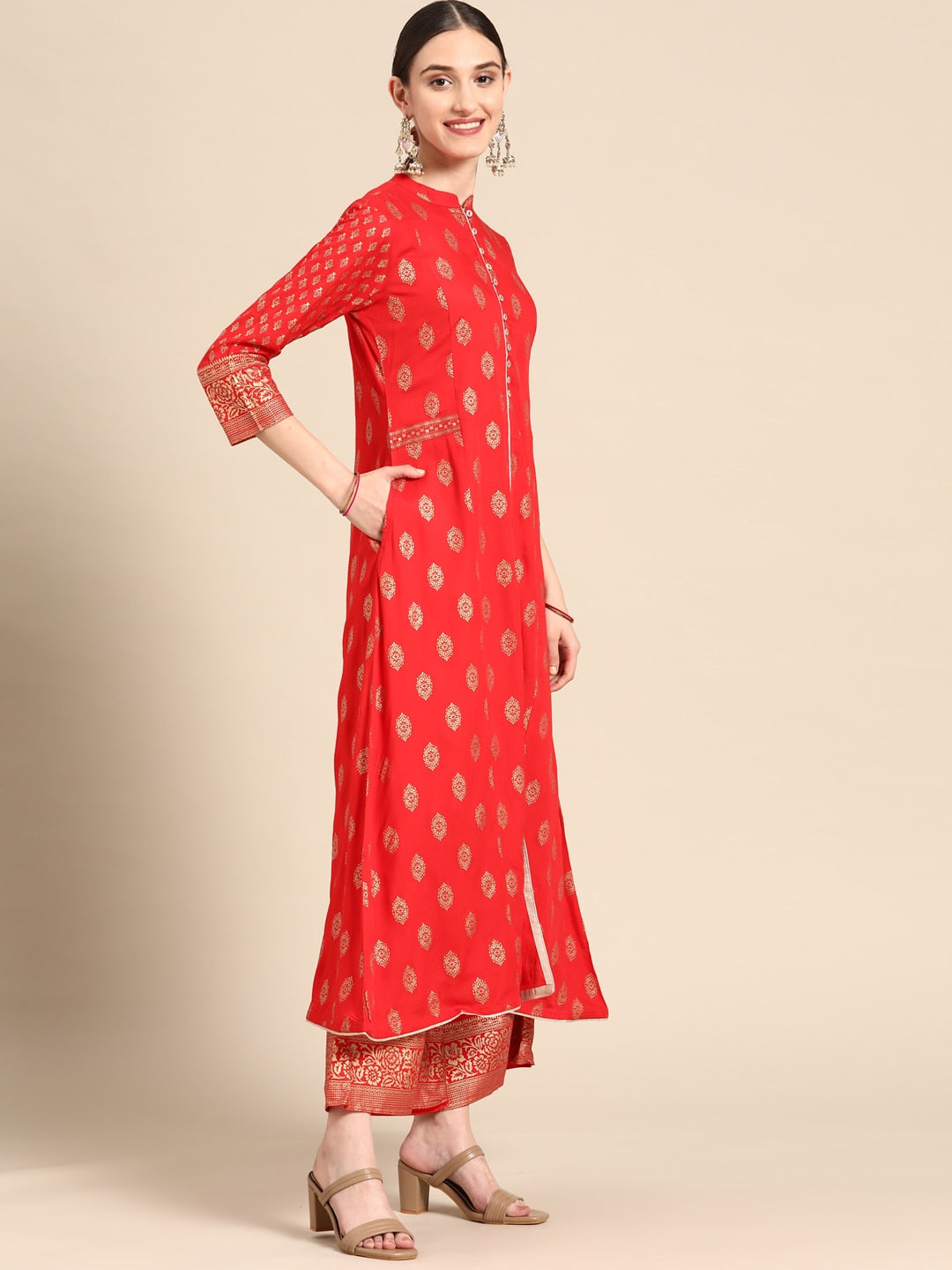 Sangria Women Red Ethnic Motifs Printed Kurta with Palazzos - Distacart