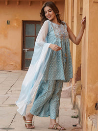 Thumbnail for Kalini Ethnic Motifs Printed Thread Work A-Line Kurta With Sharara & Dupatta - Distacart