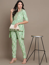 Thumbnail for HERE&NOW Ethnic Motifs Embroidered Thread Work Sequinned High-Low Kurti with Trousers - Distacart