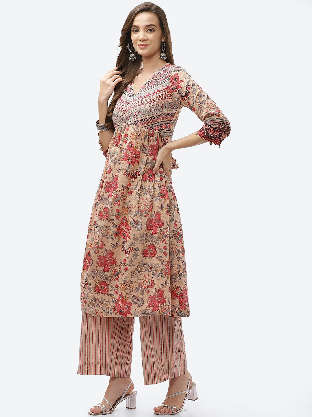 Biba Women Plus Size Beige Floral Printed A-line Kurta with Palazzos - Distacart