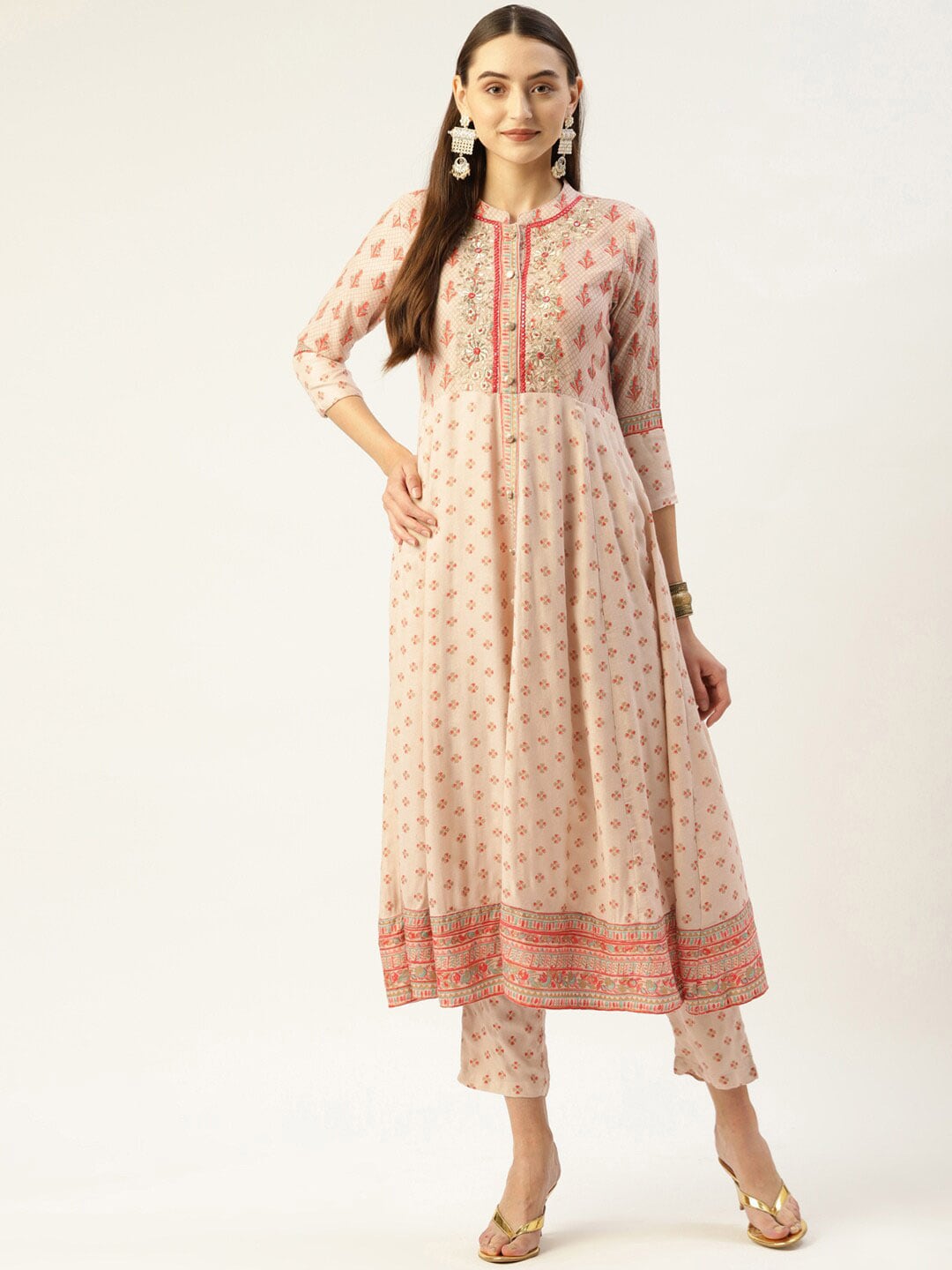 HERE&NOW Women Cream-Coloured Floral Embroidered Kurta with Trousers - Distacart