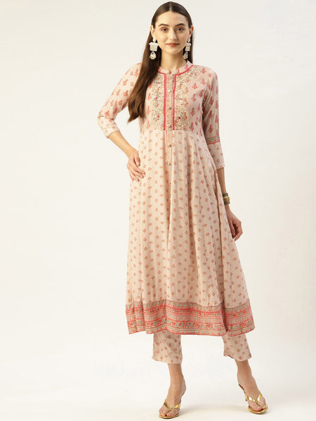 HERE&NOW Women Cream-Coloured Floral Embroidered Kurta with Trousers - Distacart