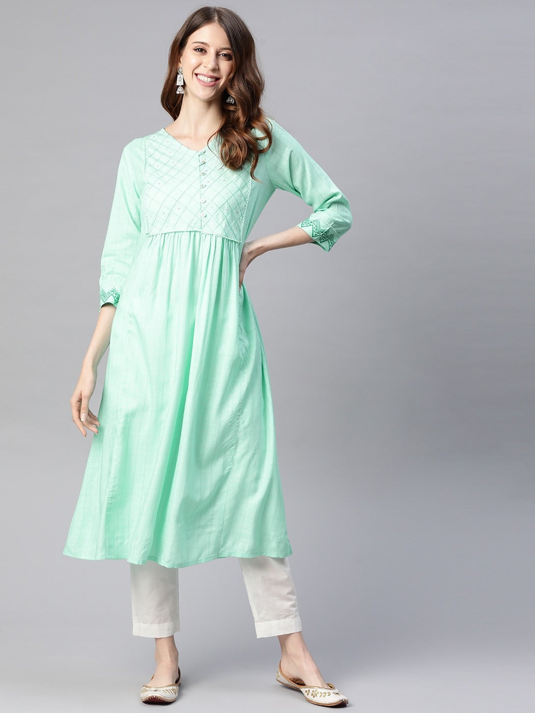 HERE&NOW Women Sea Green Yoke Design A-Line Kurta - Distacart