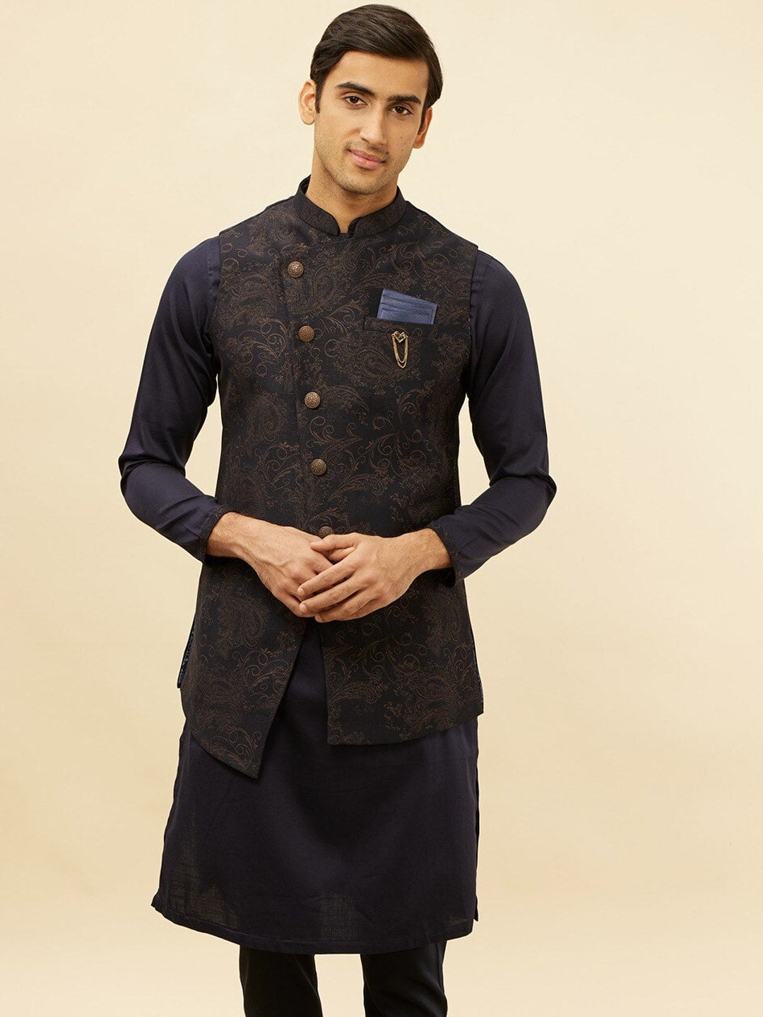 Manyavar Brocade Regular Kurta and Pyjamas With Nehru Jacket - Distacart