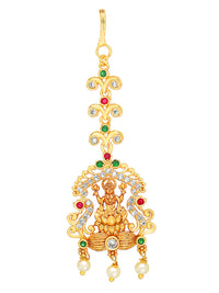Thumbnail for Yellow Chimes Women Gold-Plated White & Red Ad Studded Handcrafted Maang Tikka - Distacart