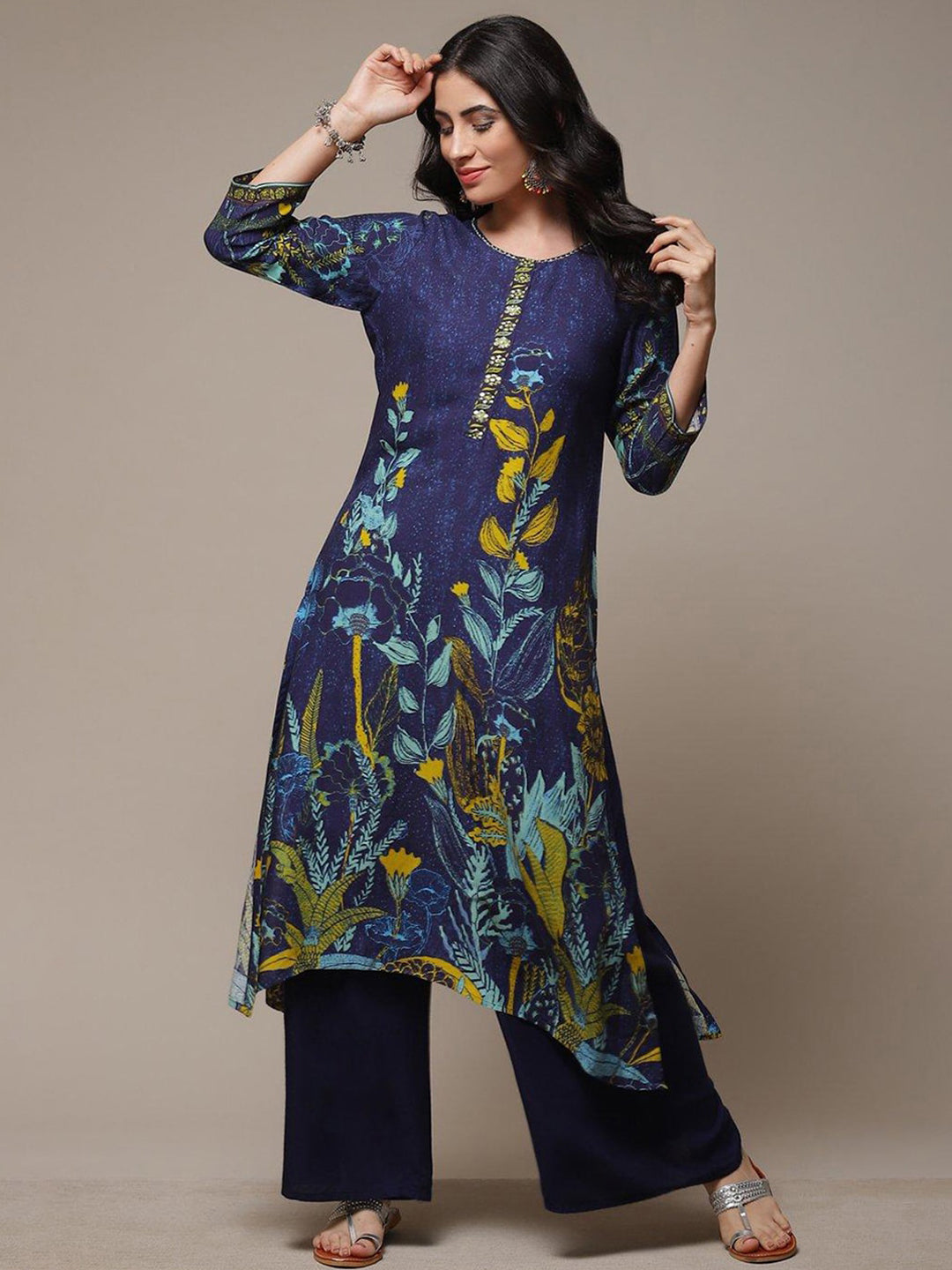 Biba Floral Printed Thread Work Beads Detail A-Line Asymmetric Kurta - Distacart