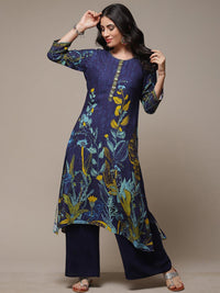 Thumbnail for Biba Floral Printed Thread Work Beads Detail A-Line Asymmetric Kurta - Distacart