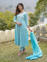 Thumbnail for Kalini Floral Printed Regular Mirror Work Pure Cotton Kurta with Trousers & With Dupatta - Distacart