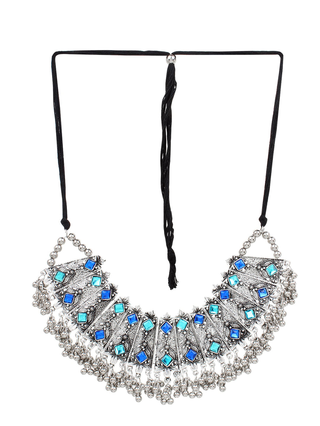 Cardinal Oxidised Silver-Toned & Blue Stones-Studded & Beaded Jewellery Set - Distacart