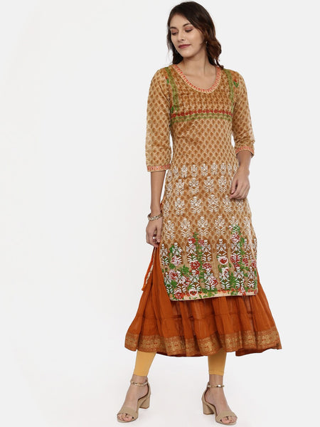 Souchii Beige & White Printed Straight Kurta - Distacart