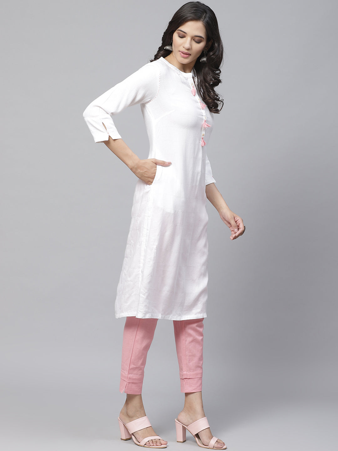 Biba Women White & Silver Self-Checked Straight Kurta - Distacart