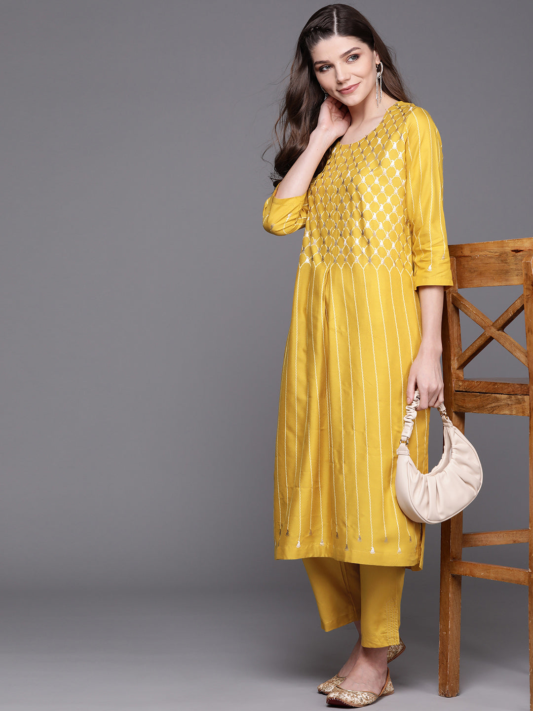 Biba Women Mustard & Golden Striped Kurta with Trousers - Distacart