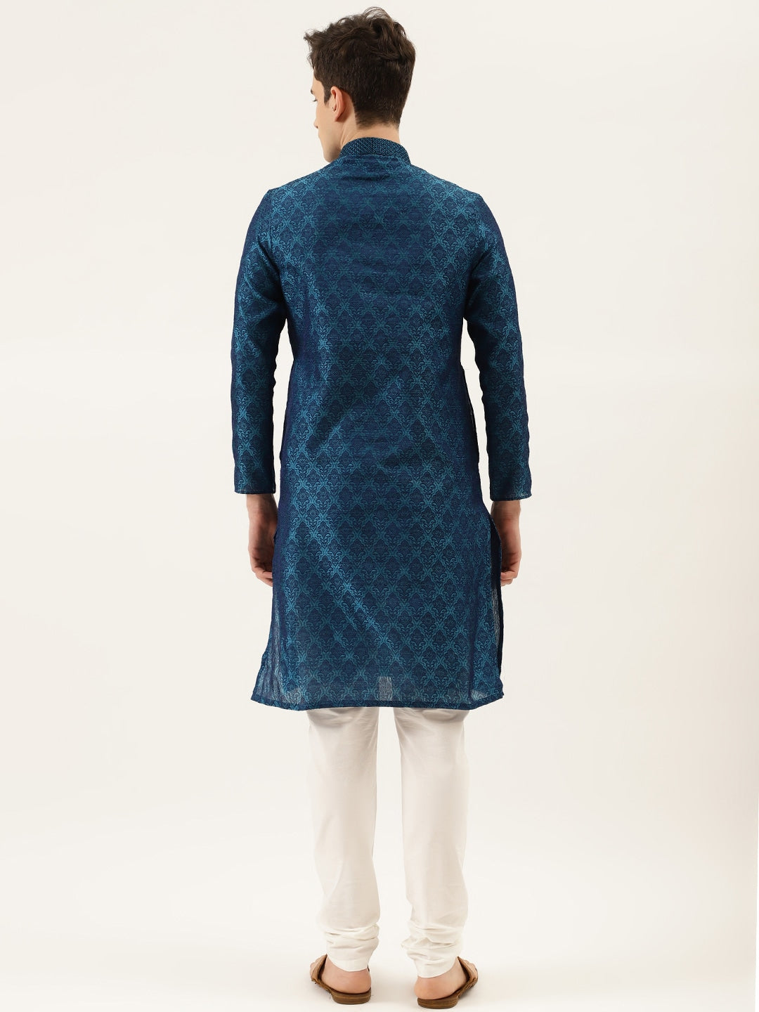 Manyavar Men Blue & White Self Design Kurta with Churidar - Distacart