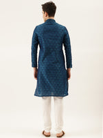 Thumbnail for Manyavar Men Blue & White Self Design Kurta with Churidar - Distacart
