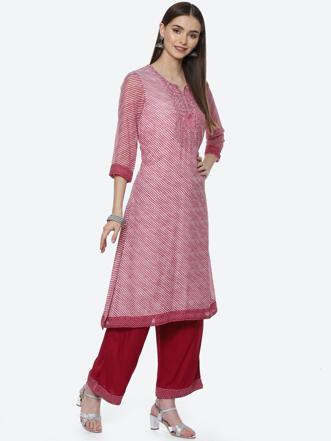 Biba Women Pink Striped Sequinned Kurta with Palazzos & With Dupatta - Distacart