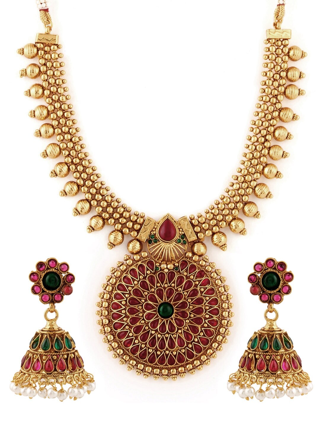Rubans Gold-Toned Embellished Gold-Plated Temple Jewellery Set - Distacart