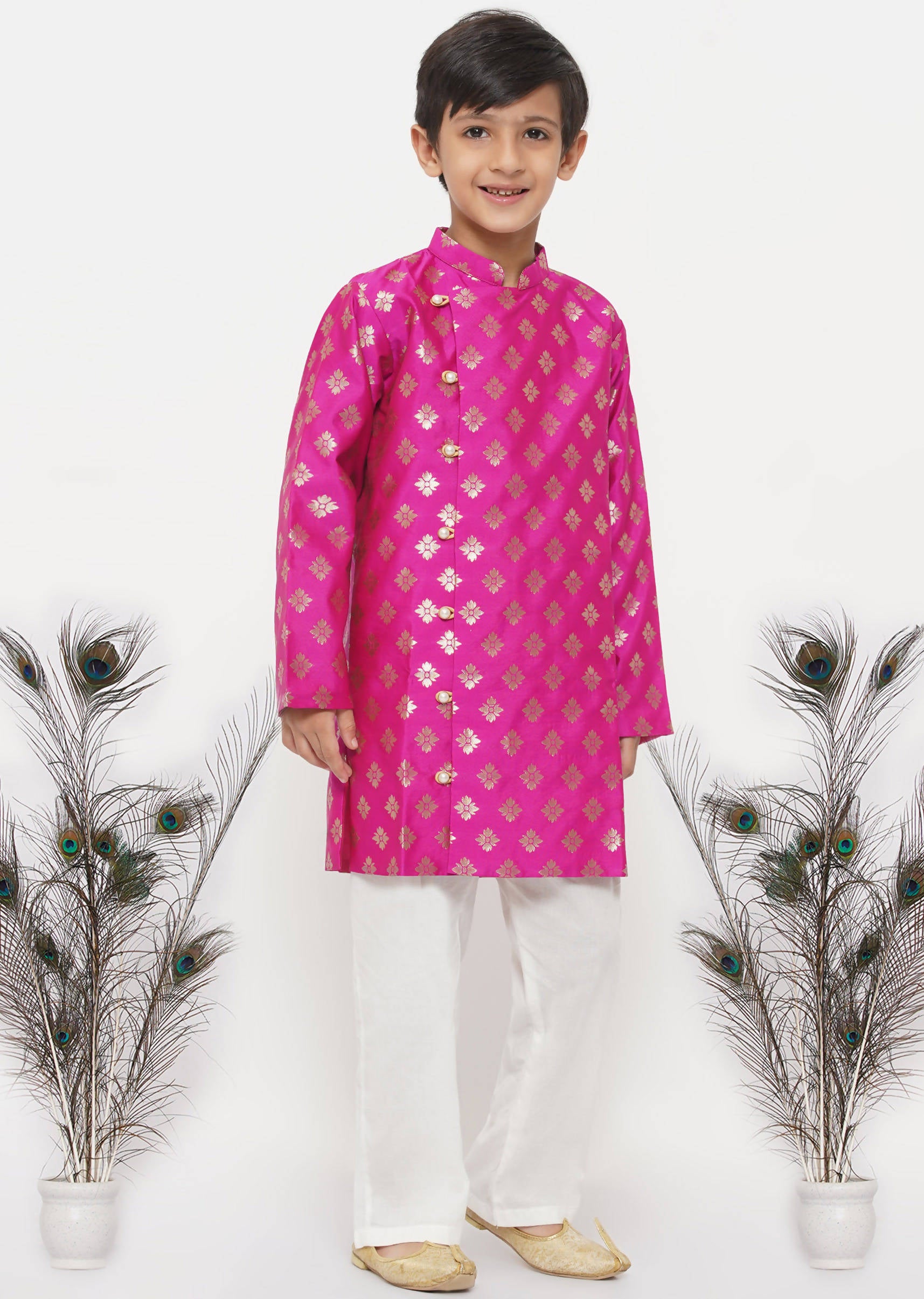 Little Bansi Banarsi Silk Sherwani & Pyjama - Magenta & Cream - Distacart