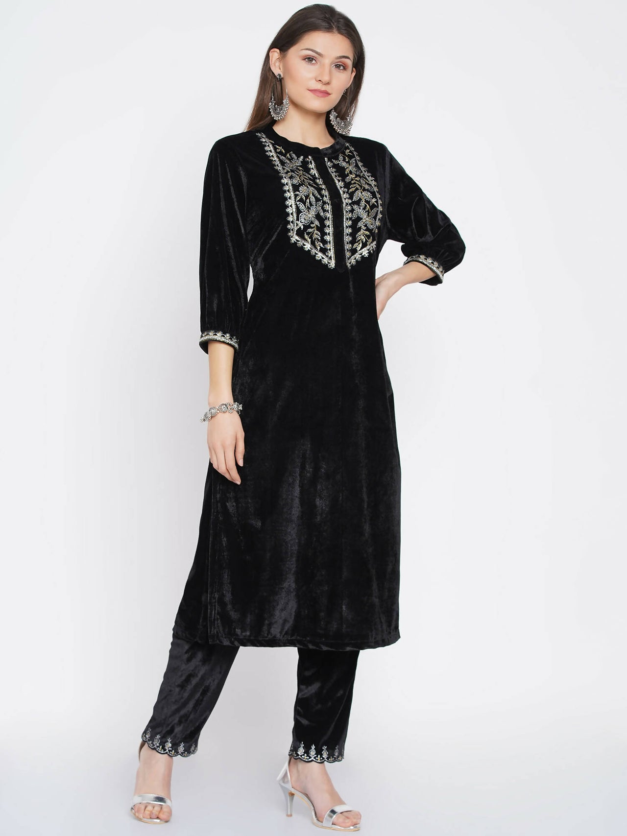 Women Republic Black Velvet Embroidered Kurta With Pants - Distacart