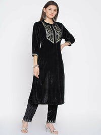 Thumbnail for Women Republic Black Velvet Embroidered Kurta With Pants - Distacart