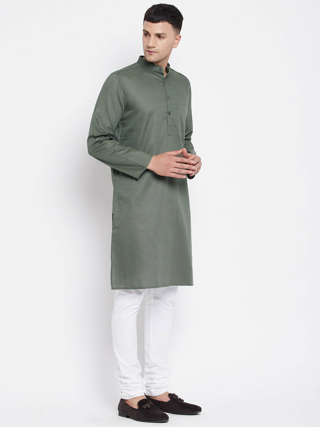 Even Apparels Green Color Linen Men's Kurta With Band Collar - Distacart