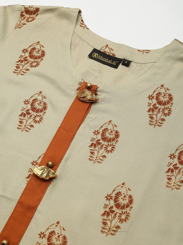 Khushal K Women Taupe & Rust Red Printed Kurta with Trousers & Dupatta - Distacart